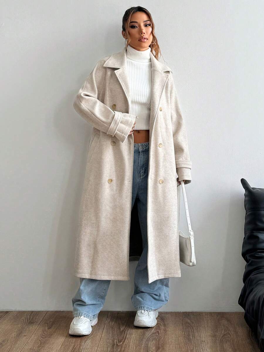 Lange trenchcoat dames met ceintuur, beige - afbeelding 1
