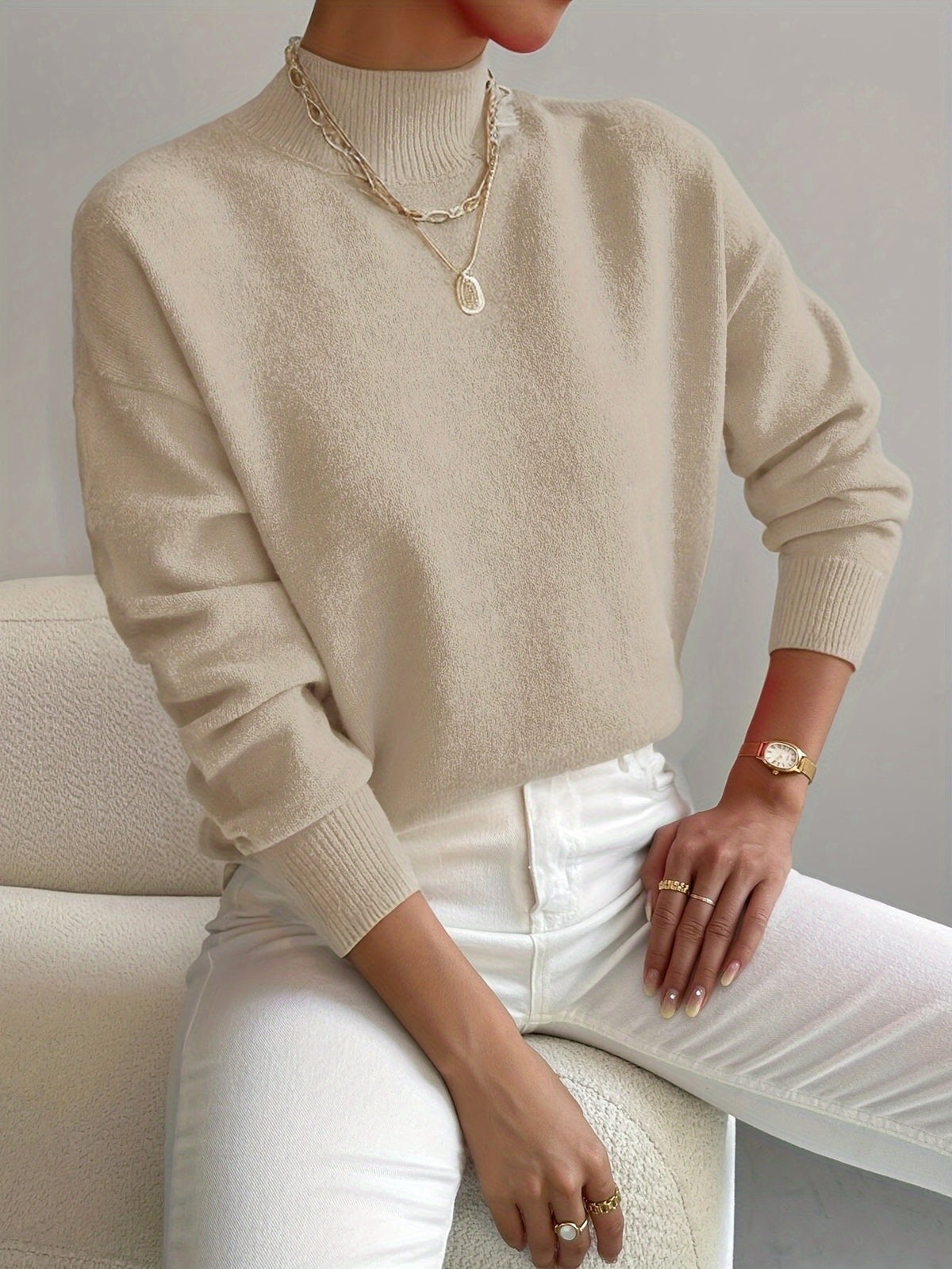 Ruime trui dames met halve col, beige - afbeelding 5