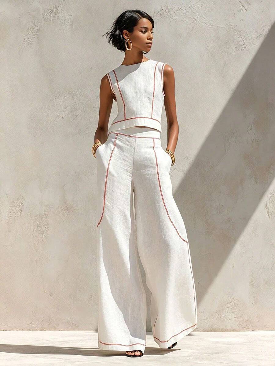 Wijde broek co-ord set dames, Wit - afbeelding 3