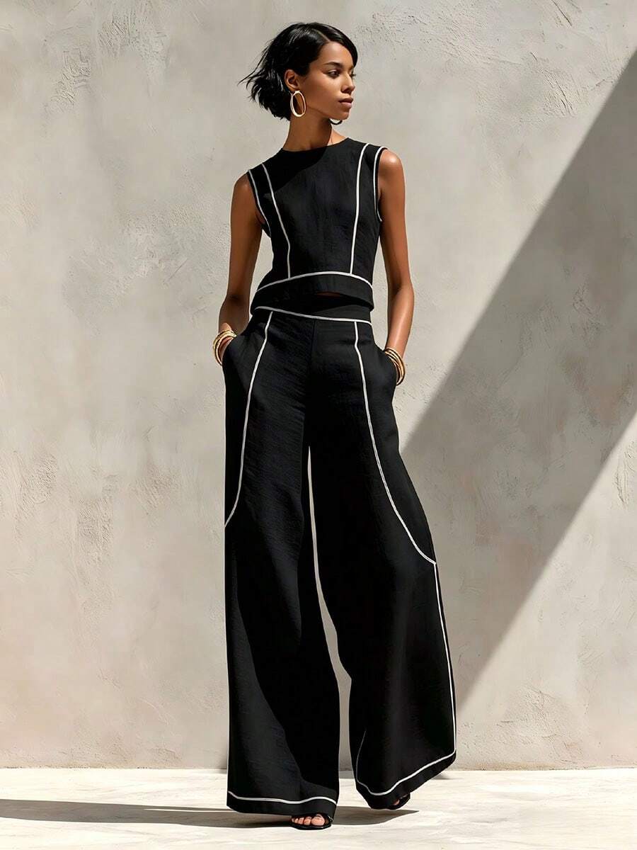Wijde broek co-ord set dames, Zwart - afbeelding 4