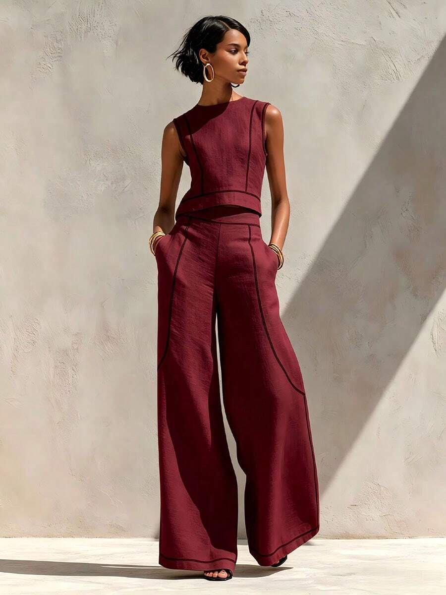 Wijde broek co-ord set dames, Bordeaux - afbeelding 5