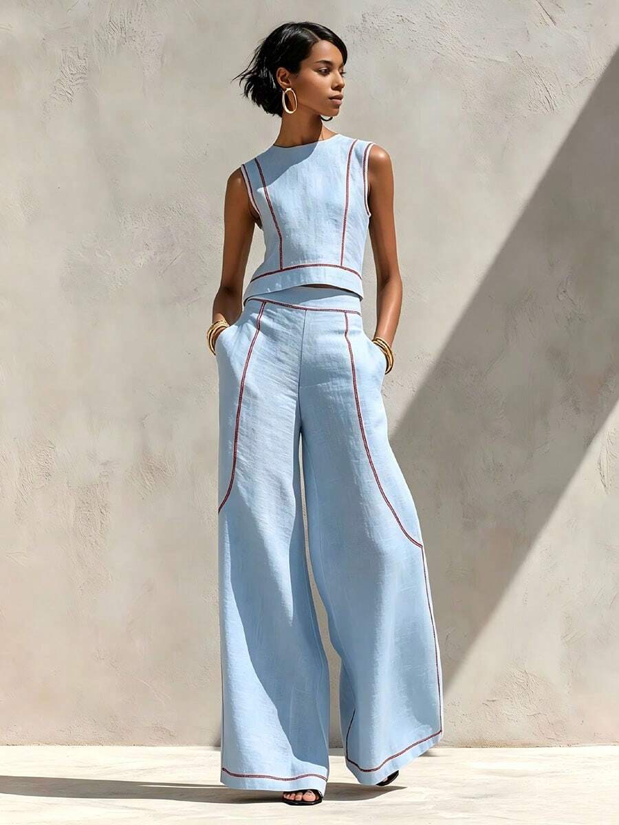 Wijde broek co-ord set dames, Lichtblauw - afbeelding 6