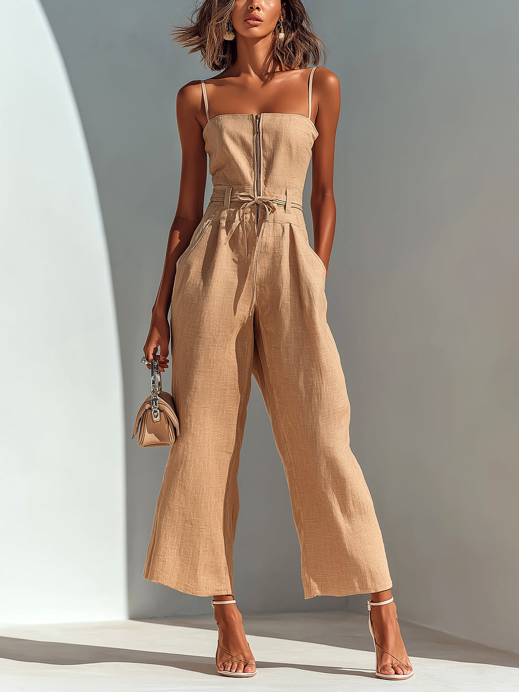 Wijde cropped jumpsuit dames, camel - afbeelding 1
