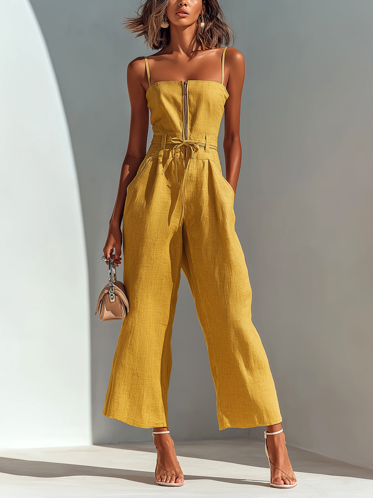 Wijde cropped jumpsuit dames, geel - afbeelding 2