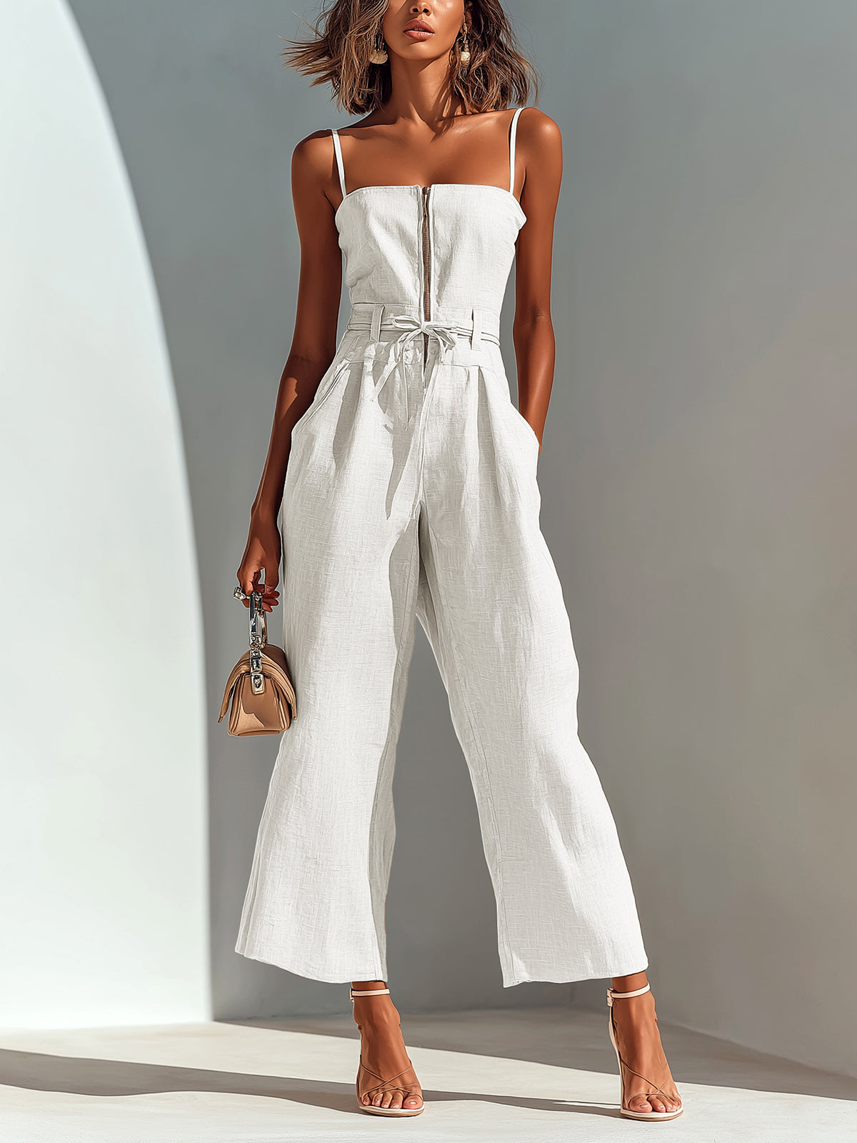 Wijde cropped jumpsuit dames, wit - afbeelding 4