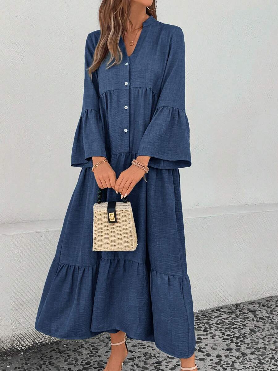 Wijde lange jurk dames, blauw - afbeelding 1